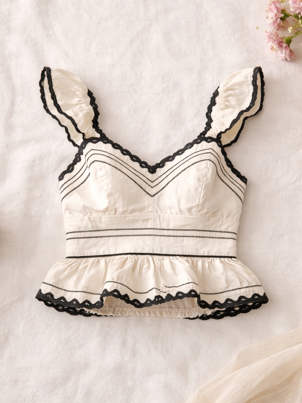 Ivory Peplum Crop Top Black Lace Trim Ruffle Straps Sweetheart Cottagecore